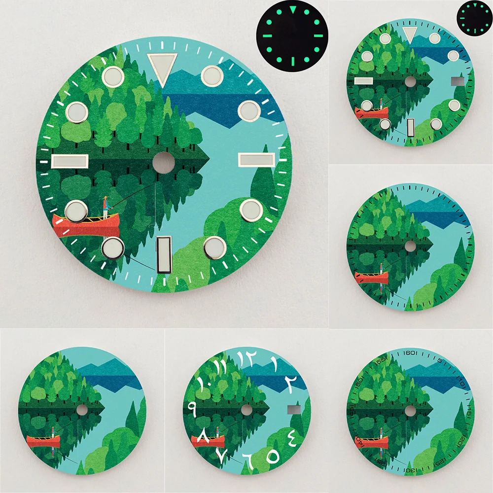 28.5mm NH35 Dial Lake Forest Canoe Scenery Dial Green Luminous Dial Color NH36 Dial Watch Accessories Fits NH35/NH36 Movement