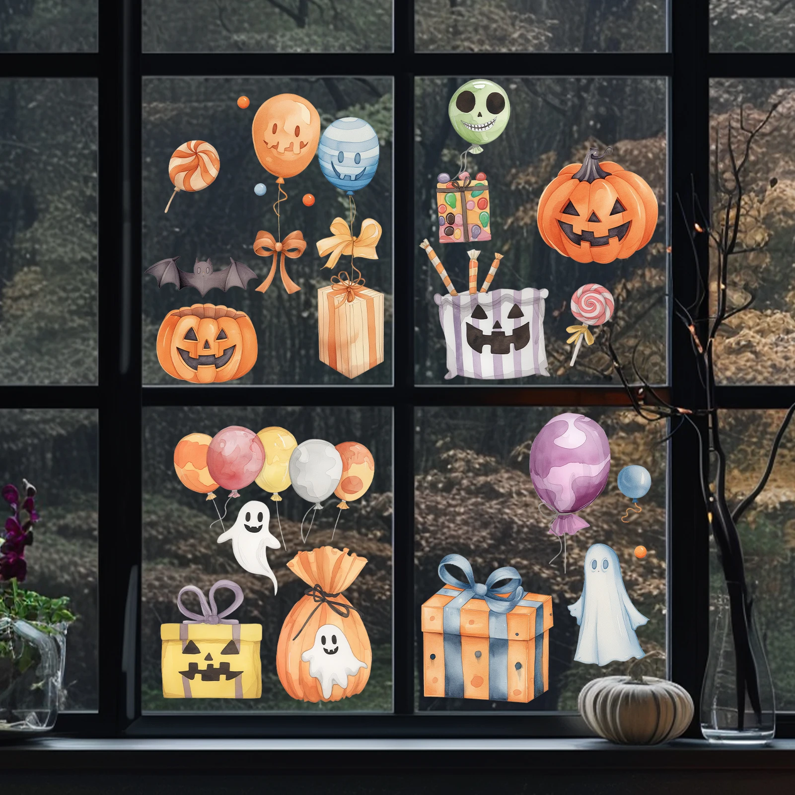 Halloween Gnome Window Sticker Pumpkin Ghost Balloon Candy Gift Bat Halloween Decoration for Glass Home Party Background Decor