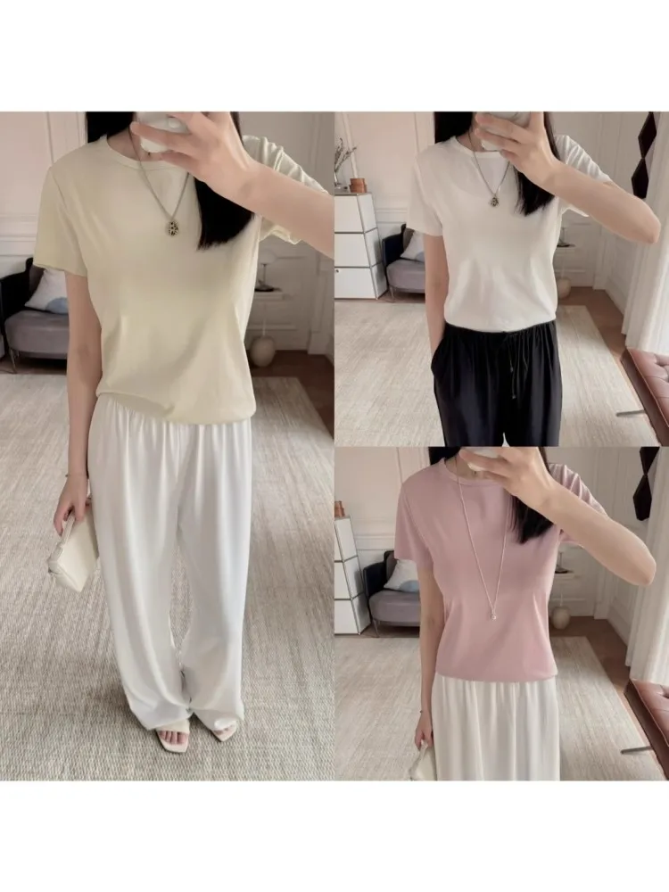 

Женский топ из органического хлопка с коротким рукавом, круглым вырезом, обработанный жидким аммиаком, с шелковистой текстурой, с центральной линией по краю