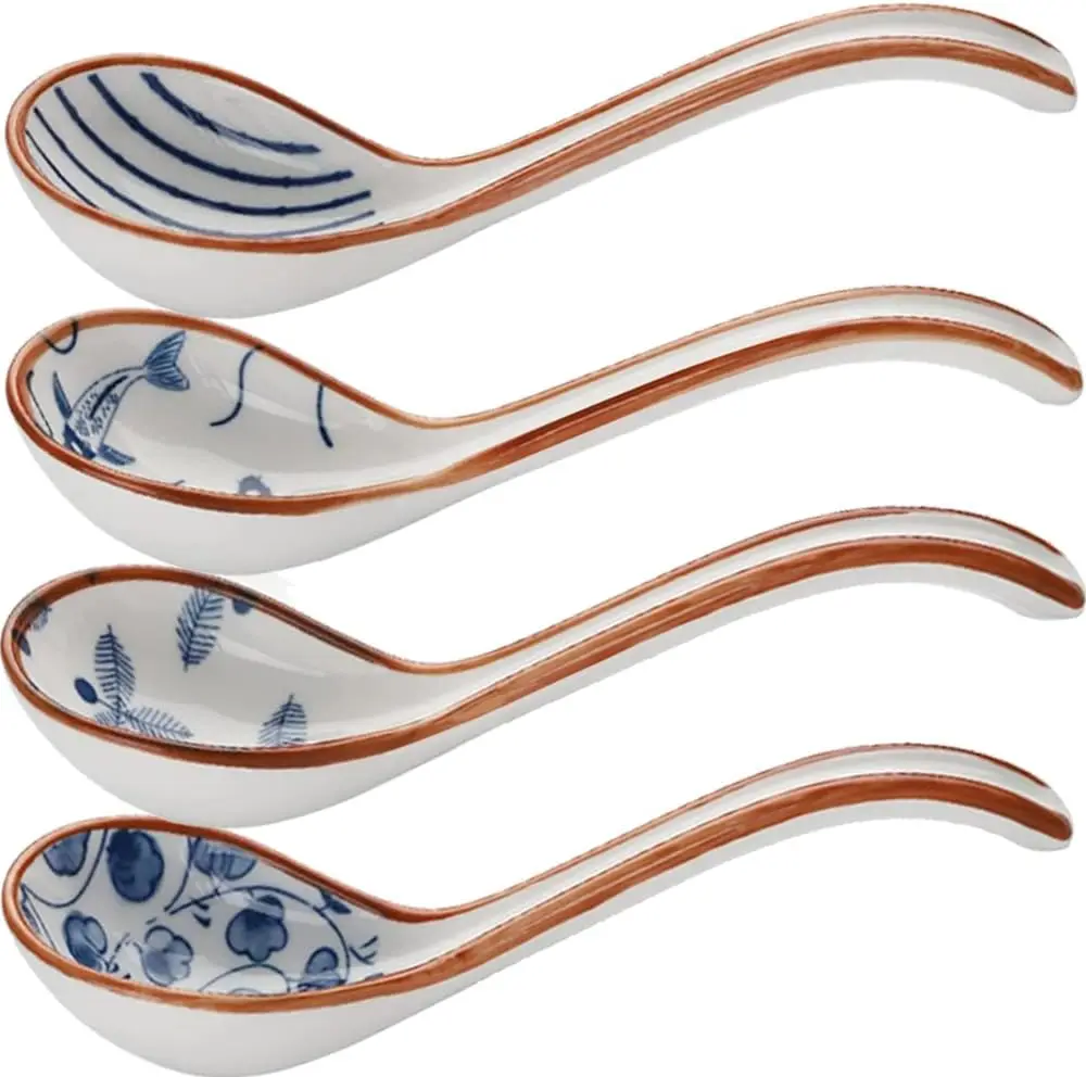 Set of 4 Soup Spoons, Japanese Soup Spoon Chinese Ceramic Ramen Spoons, Asian Soup Spoon Long Handle Perfect Size for Dumpling P