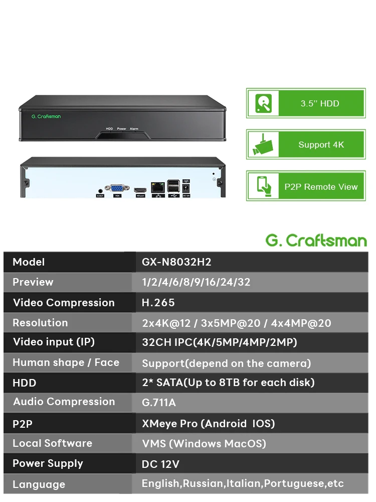 C-X,4K 32CH NVR Complete Surveillance at a Glance H.265 24/7 Recording Playback HDMI Video Recorder G.Craftsman,GX-N8032H2