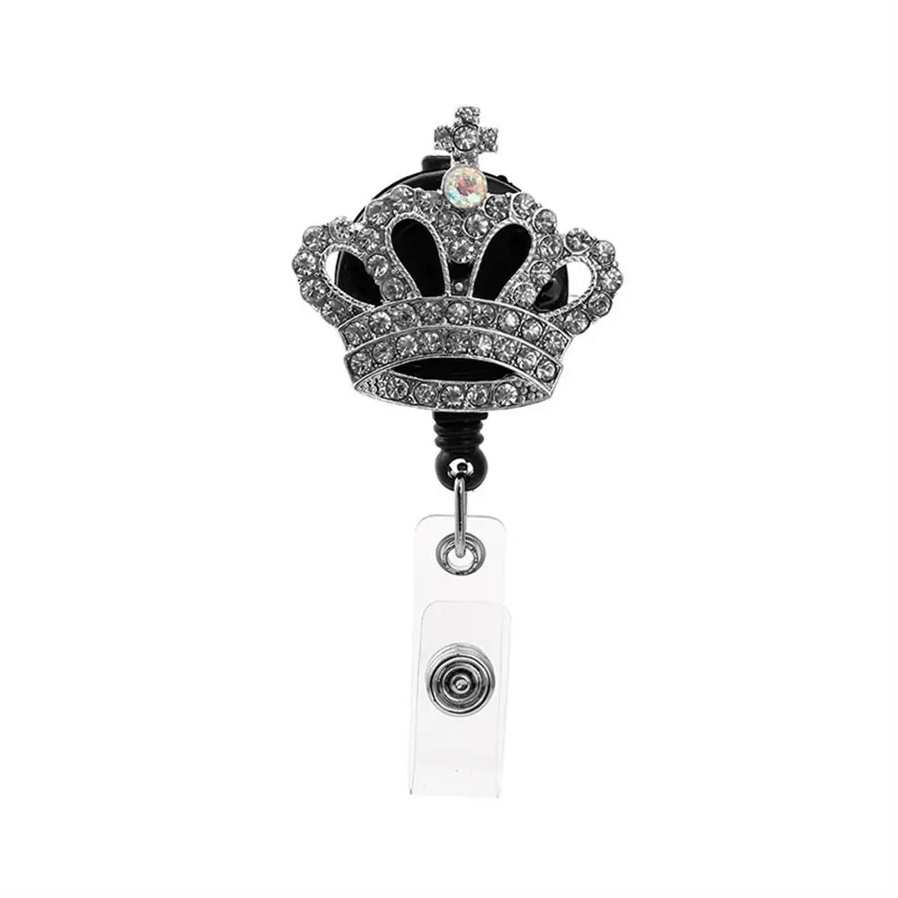 Keychain Rhinestone Crown Badge Reel Rotation Diamond ID Card Holder Bling Easy-pull Retractable Badge Holder Nurse Jewelry