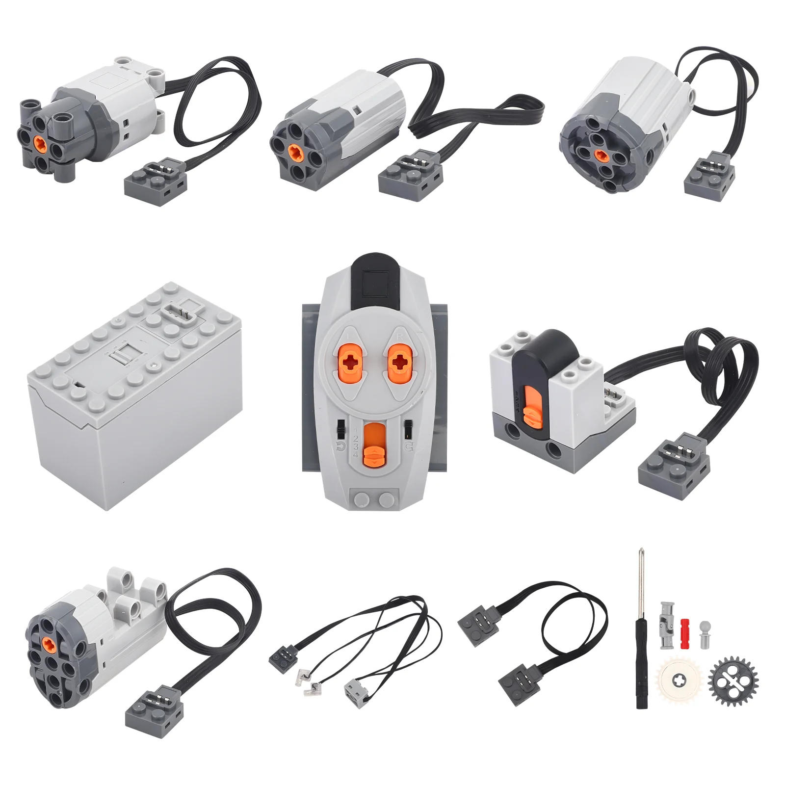 Kit de 11 pièces de briques motorisées avec fonctions, incluant des pièces Technic, boîtier de piles AA, récepteur de télécommande 2.4G et 5 moteurs