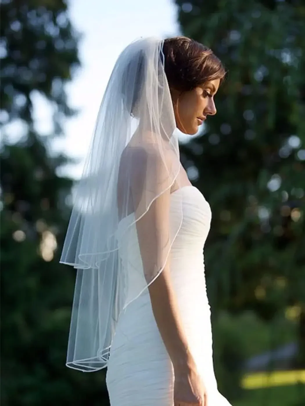 Velo de novia de 2 niveles, velo hasta la yema del dedo, borde de lápiz, tul nupcial, peine colorete corto para mujeres y niñas