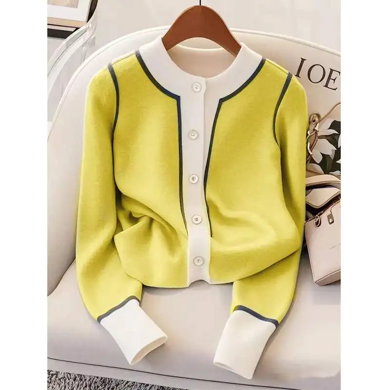 Autumn 2025 Women's Blue Knitted Top mat High-End Sle Trendy Small irt Polyester Fiber Long Sve Regular Fit