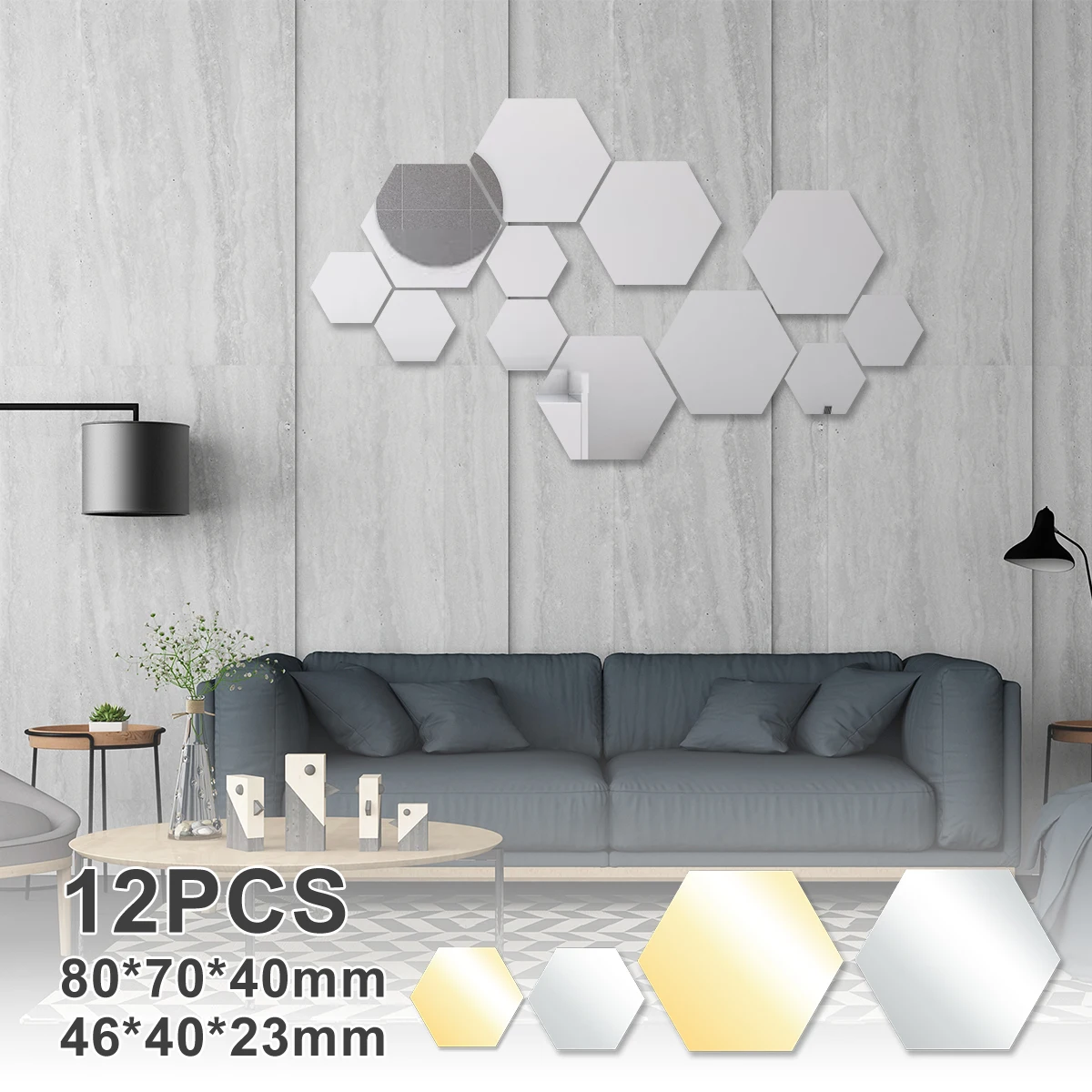 12Pcs Hexagon Mirror Geometric Hexagon Mirror Self Adhesive Acrylic Mirror Wall Sticker DIY Removable 3D Wall Sticker Art