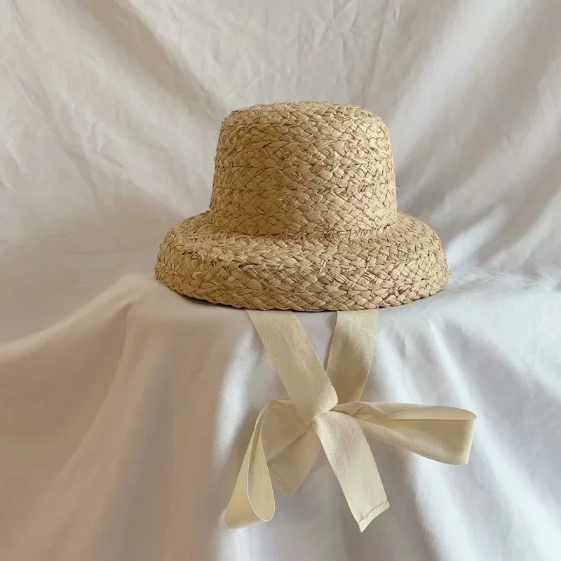 Children Hepburn Wind Straw Hat Ins Sweet Girls Lafite Grass Weaving Beach Sun Hat Child UV Sunscreen Cap Summer Accessories