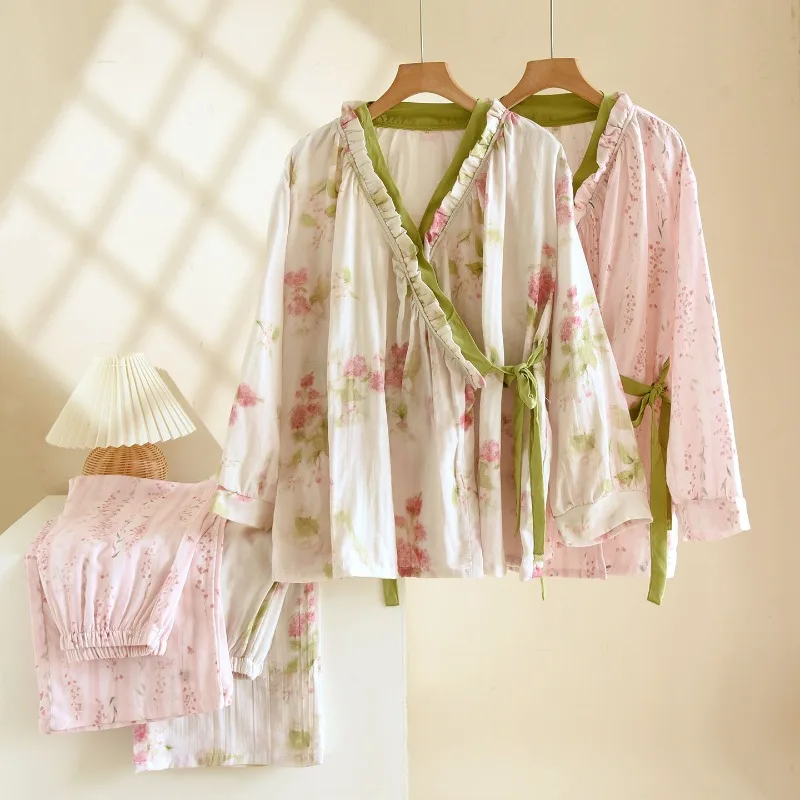 Japanese Kimono Style Pajama Set Women Ruffle V Neck 100% Cotton Crepe Loungewear Floral Sleepwear Breathable