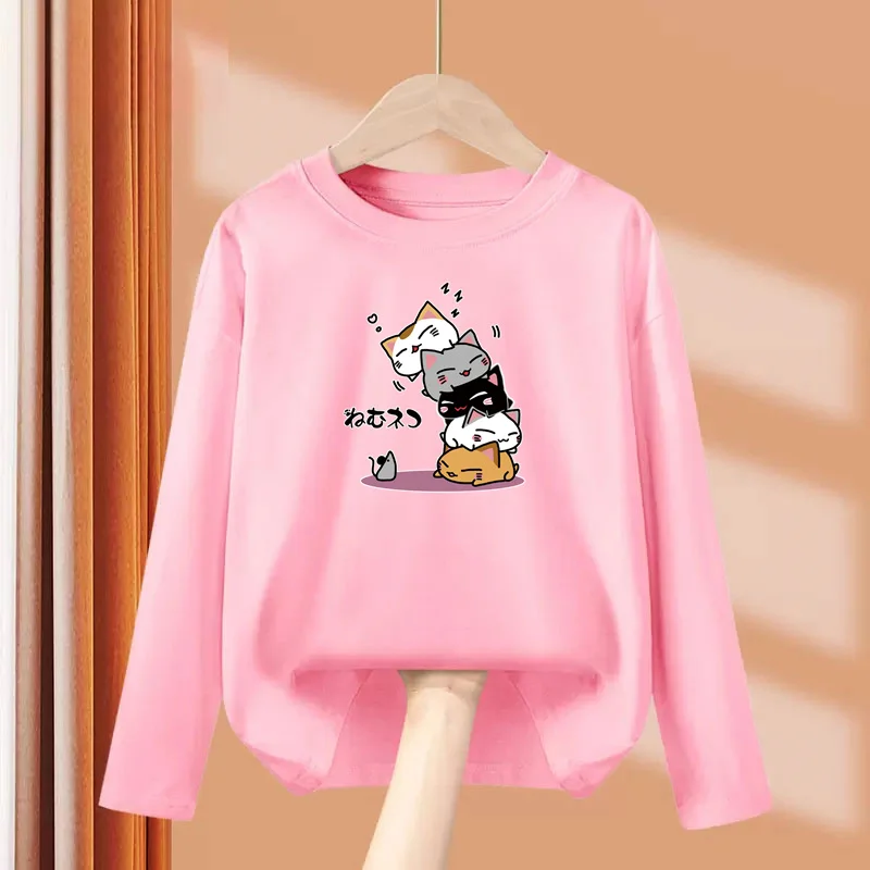 الأطفال ربيع الخريف تي شيرت الإنسان الهرم القط الكرتون قميص الفتيان الفتيات طويلة الأكمام الملابس القطنية