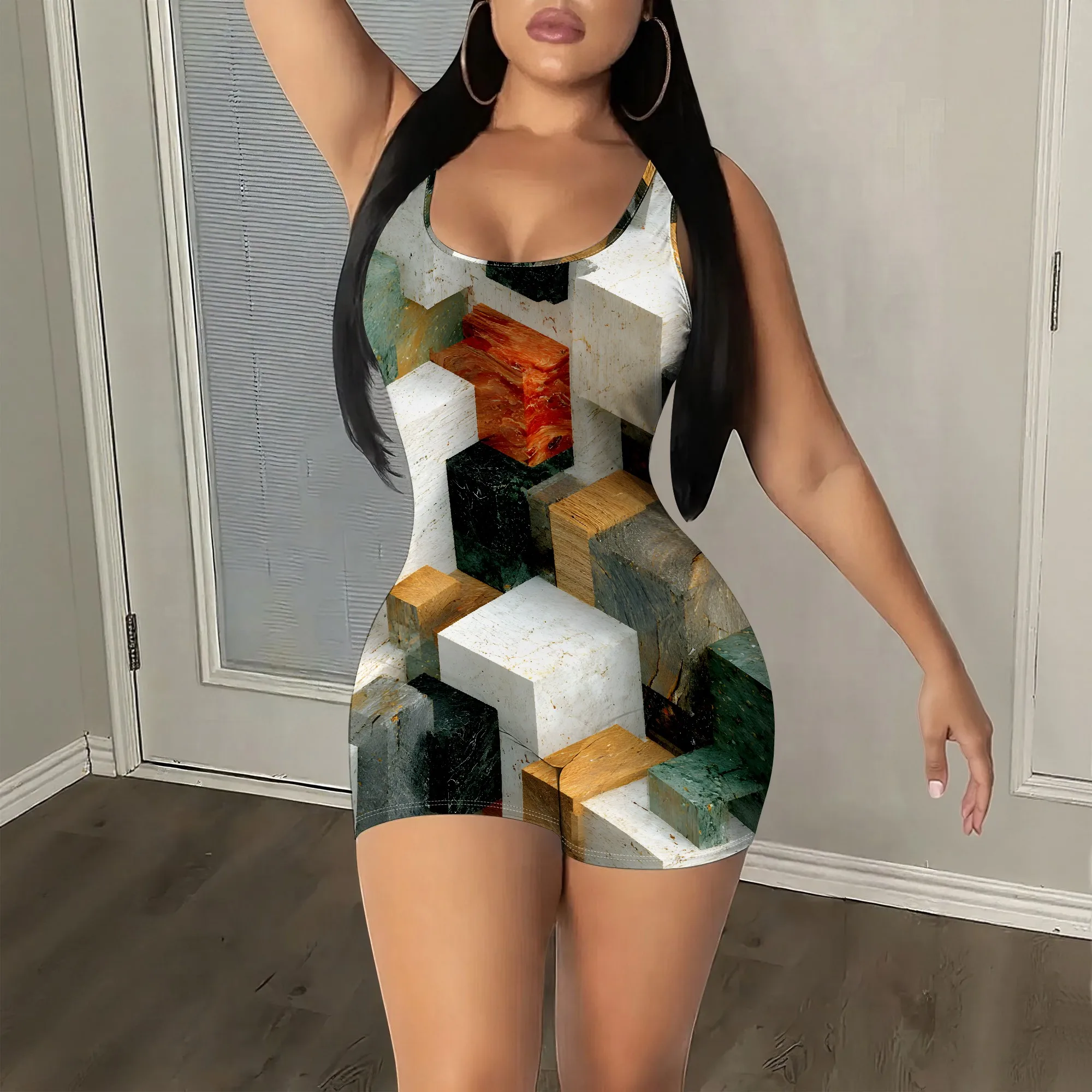 Abstract Geometric Print Sleeveless Jumpsuit, Marble Texture Playsuit, Color Block Romper, Casual Summer Outfit for Women, S-2XL