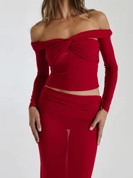 Fantoye Sexy Off Shoulder Mesh Women Two Piece Sets Red Long Sleeve T-shirt Long Skirt Suit Female Summer Elegant Skirt Set 2024