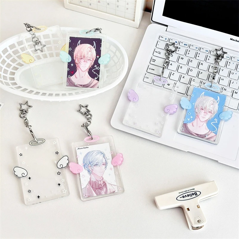 Acrylic Photocard Holder with Angel Wings Star Chain Kpop Idol Photo Card Protector Keychain Cute Fans Collectible Accessory