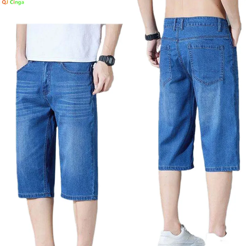 

Летние тонкие синие мужские джинсовые шорты, модные повседневные эластичные джинсовые шорты, черные брюки до колена азиатского размера