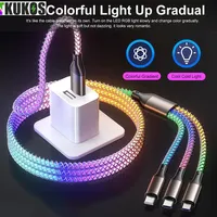 66W 3 IN 1 Flow Luminous Cable 6A Fast Charging Cable USB Type C Cable Micro USB Cable RGB LED USB C Data Cable 1.2m