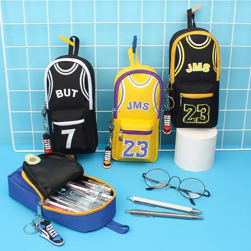 Large Capacity Basketball Theme Pencil Case with Double Layers, Canvas Pencil Bag for Students, Cute Pencil Bags