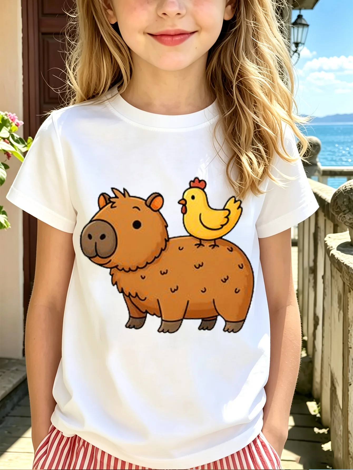 Family Matching T Shirt Cute Capybara And Chick Graphic Print Short Sleeve Cotton Tee For Boys Girls Kids Daily Casual Wear
