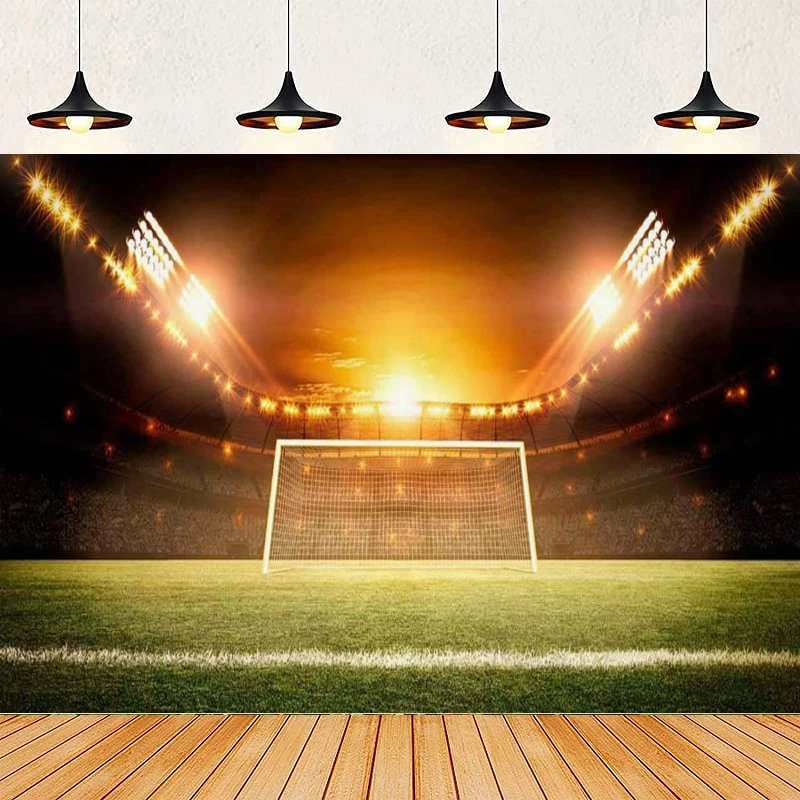 Fondo Fotográfico de Estadio de Fútbol, Cancha de Fútbol, Césped Verde, Luces Nocturnas, Fondo Deportivo para Fiesta de Cumpleaños