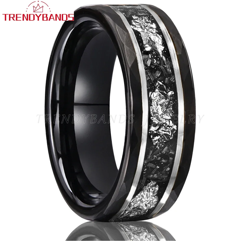 

8mm Tungsten Carbide Hammered Wedding Band Engagement Ring with Meteorite And Foil Inlay for Men And Women Black Fashion Jewelry