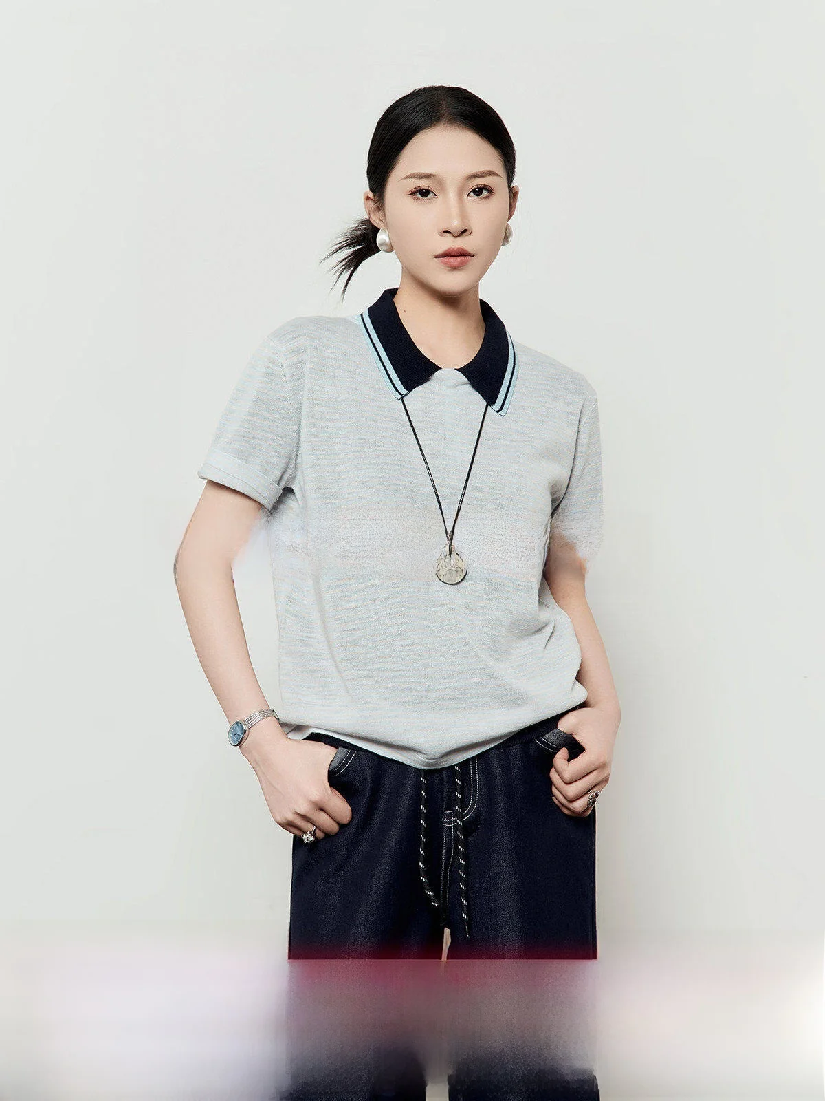 

Casual Knitted ort Sve round Ne T-irt Women's Summer New Sle Color Blo Light Maturi Wind Loose Fit Classic Pat...