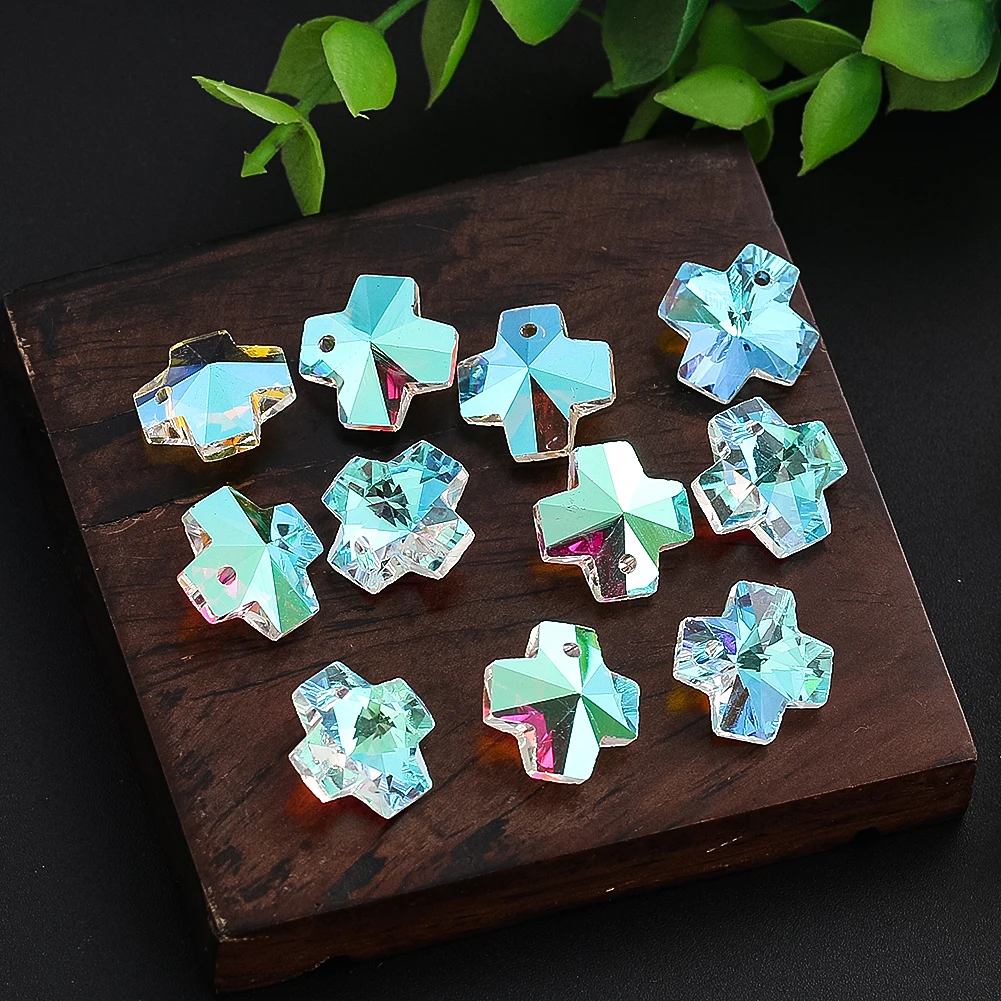 10PC 14mm AB Color Rainbow Faceted Prism Cross Crucifix Glass Crystal Pendant DIY Necklace Spacer Bead Sun Catcher Jewelry Parts