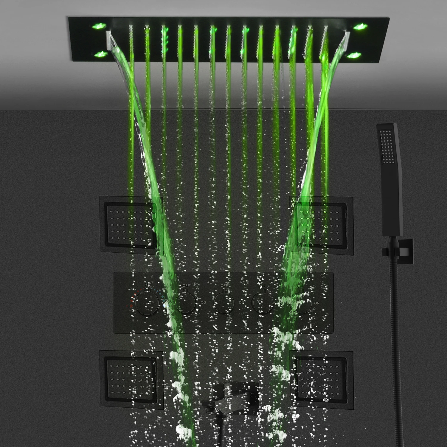 Matte Black LED Shower Head Panel Rain Waterfall Shower System Set Lateral Jet With Thermostatic Mixer Valve Diverter