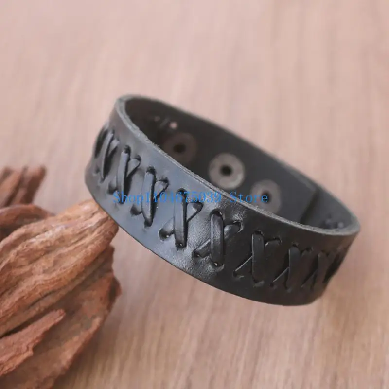 5ASD سوار الفرقة الجلدية المقلدة على حبل الحبل معصمه من الفولاذ المقوى المقاومة للضرب ملحق أزياء الأزياء للرجال #3