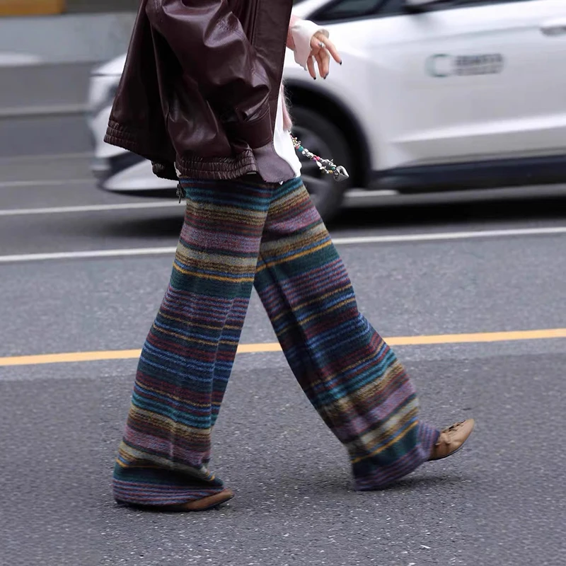 Vintage Striped Knitted Wide Leg Pants Women Harajuku Streetwear Patchwork Baggy Pants Winter Korean Design Straight Trousers