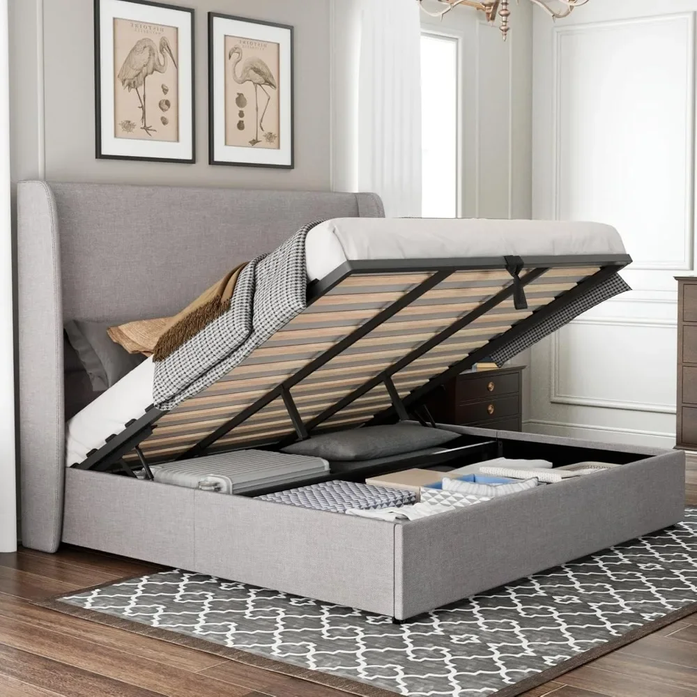 Bed Frame, King, Linen Upholstery W/Headboard, Hydraulic Storage, No Springs Required, Wood Slat Support, Platform Bed Frame