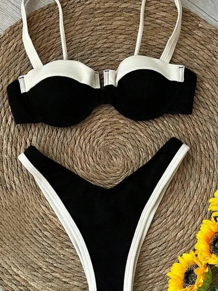 Elegante costume da bagno da donna in due pezzi, bikini tinta unita con ferretto, cuscinetti rimovibili per feste estive in piscina