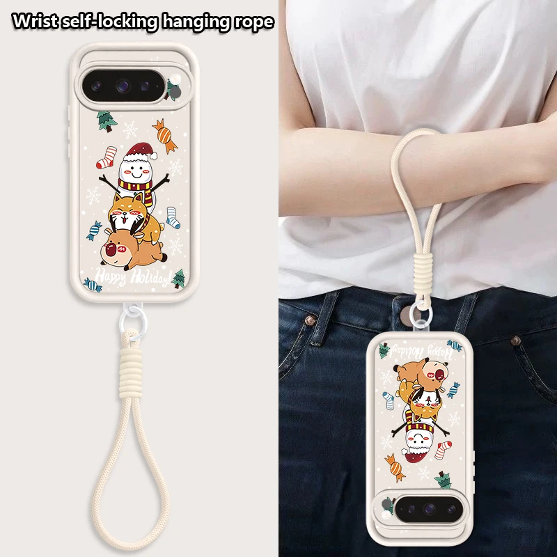 Мягкий силиконовый чехол для телефона с ремешком для Google Pixel 10 9 8 7 Pro 8A 7A Pixel 9 10 Pro XL с ремешком на запястье с узором Happy Holiday