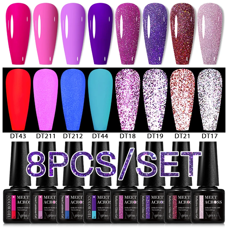 MEET ACROSS 8Pcs/Set Eggshell Fluorescent Glow In Dark Gel Nail Polish Glitter Luminous Semi Permanent Nail Art Gel Varnish Kit