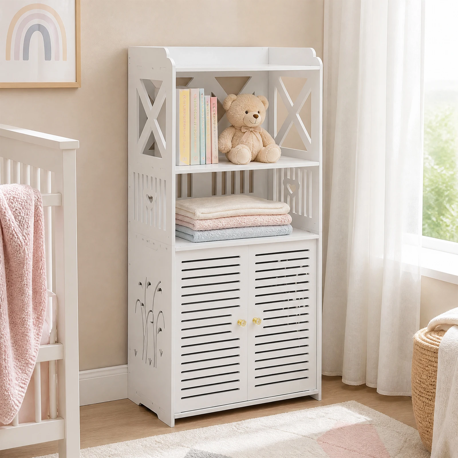 Armoire de rangement de salle de bain autoportante étroite à 2 portes, armoire de sol étroite en PVC imperméable pour côté toilettes, chambre à coucher, buanderie