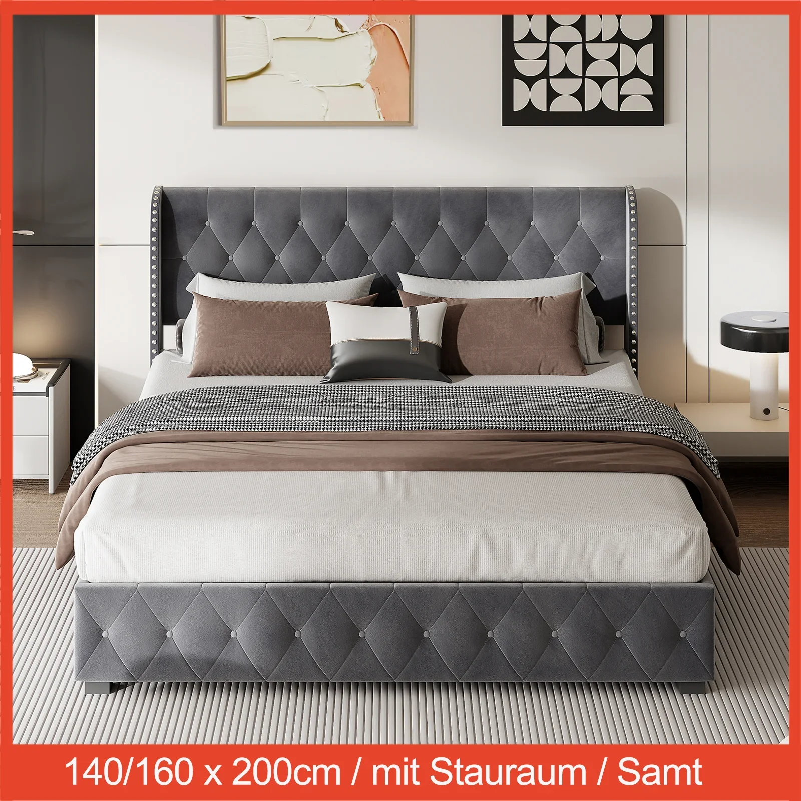 Para cama tapizada, cama doble, cama de almacenamiento con cabecero y somier, 140/160 X 200 cm, terciopelo, sin colchón, oscuro