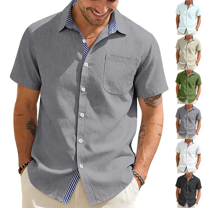 

Мужская хлопково-льняная рубашка с коротким рукавом и отложным воротником, летняя повседневная рубашка на пуговицах с нагрудным карманом, в американском стиле, для работы