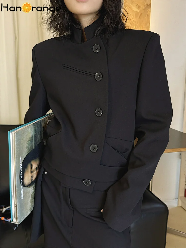 HanOrange 2026 Spring Autumn Stand Collar Slanted Placket Short Blazer Staggered Patchwork Women's Jacket Black