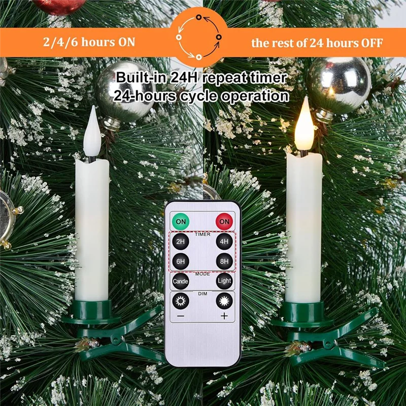 ABGR-LED Taper Candles Light Set 12 Pieces Flameless 3D Wick Candles With Clip-On Christmas Tree Design Warm White Light