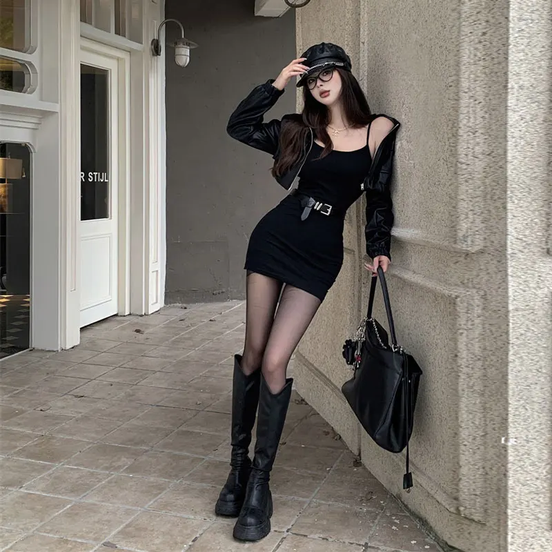 

Sexy Skin-Tight Bodycon Dress And Biker Jacket Two-Piece Set for Young Women Cotton Long Sleeve Autumn Fashion Sexy Style