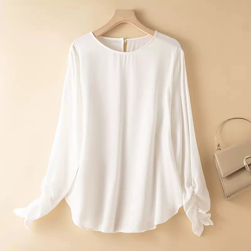 BirdTree, 93% Silk 7%Spandex, Women Solid Lantern Sleeve T-Shirts, Elegant Fashion Tee, 2024 Spring Summer New Top T43280QM image 5