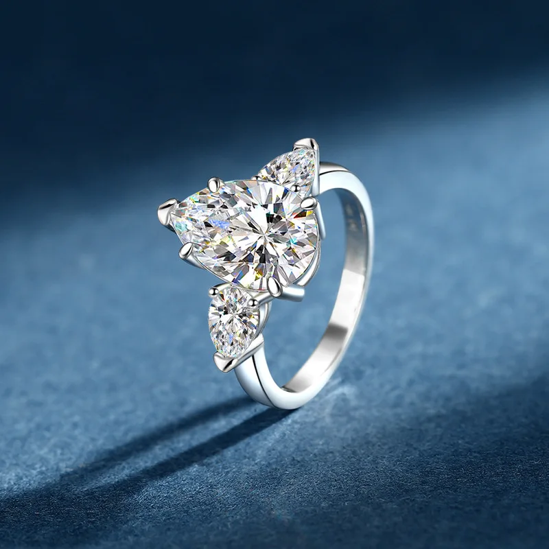 S925 الروديوم مطلي 3CT D اللون الكمثرى الجليد زهرة مويسانيتي الدائري ، أنيقة المرأة بيان مجوهرات هدية