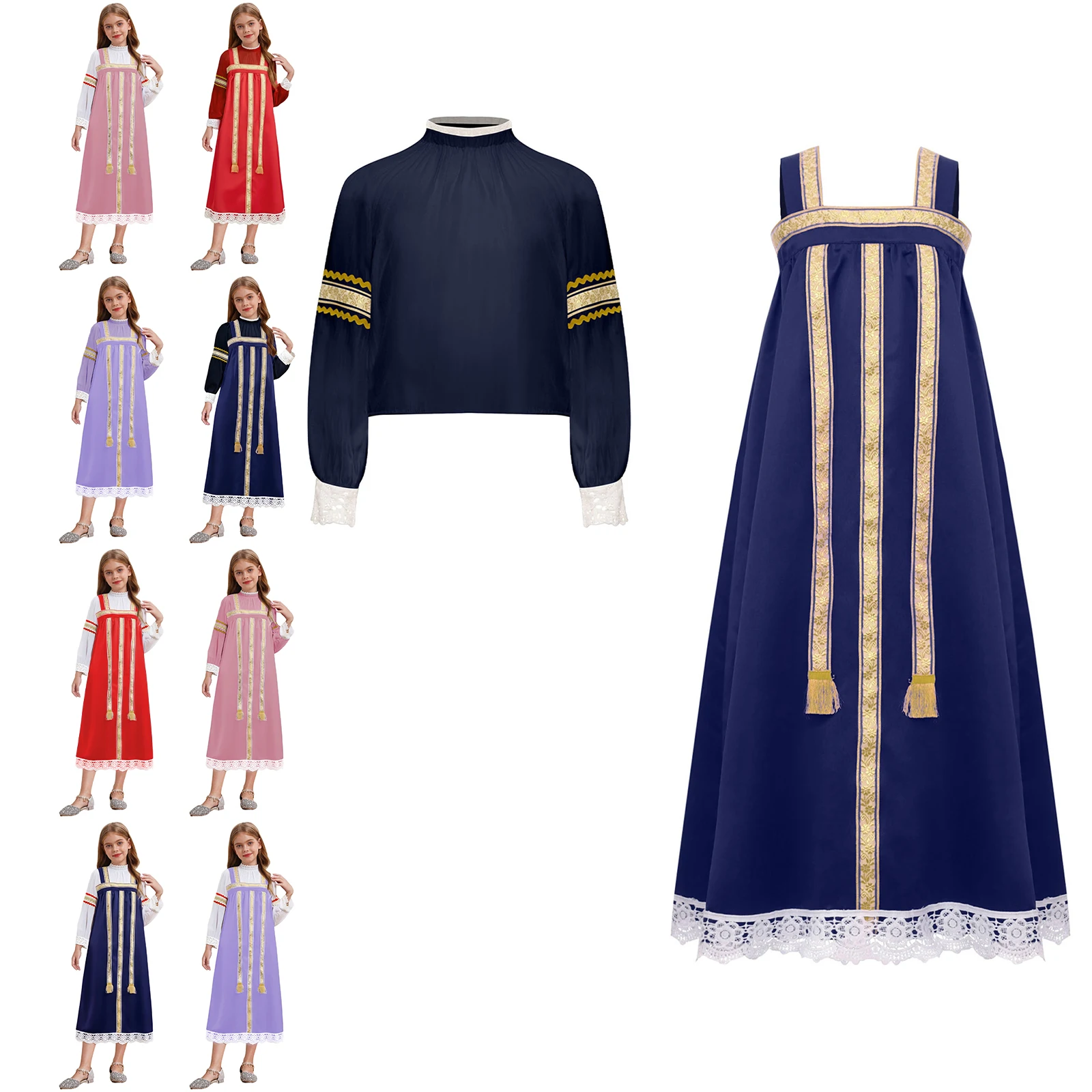 Traje tradicional ruso para niñas, camisa de manga larga con bordado de flores, vestido Maxi tipo camisola, vestido elegante folclórico ruso, ropa étnica