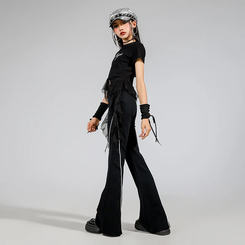 hip-hop Jazz street dance girls clothes set black lace short sleeved top t-shirt hight waisted pants child runway clothes suit
