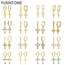 925 Sterling Silver Needle Fashion Zircon Cross Pendant Earrings For Women Punk Vintage Hoop Earrings Pendientes Fine Jewelry