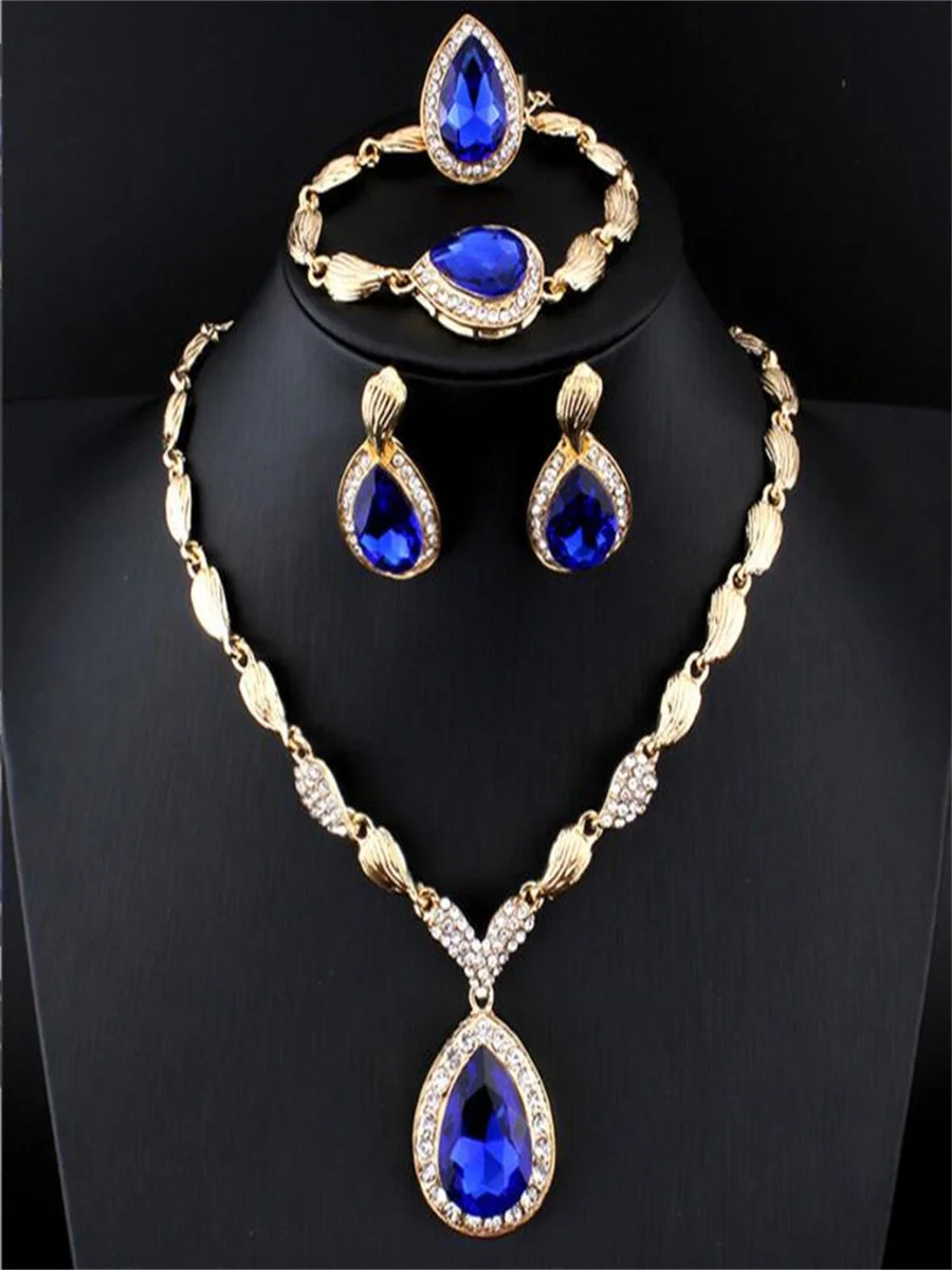 Blue sapphire alloy ring necklace earrings bracelet set of four High-grade alloy jewelry accessories for womna