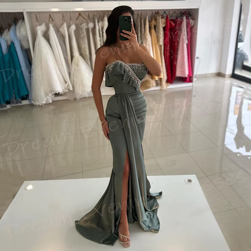 Saudi Arabia Generous Women's Mermaid Charming Evening Dresses Sleeveless Pleated Prom Gowns Sexy Split Robe De Soiree Femmes