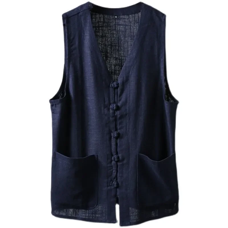 

Men's Linen Vest Summer Chinese Style Frog Button V Neck Sleeveless Loose Casual Waistcoat