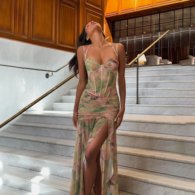 

Leopard Print Ruffle Spaghetti Strap Evening Dress High Split Pleated Bandage Gown Green Brown Backless New Party Robes In Stock