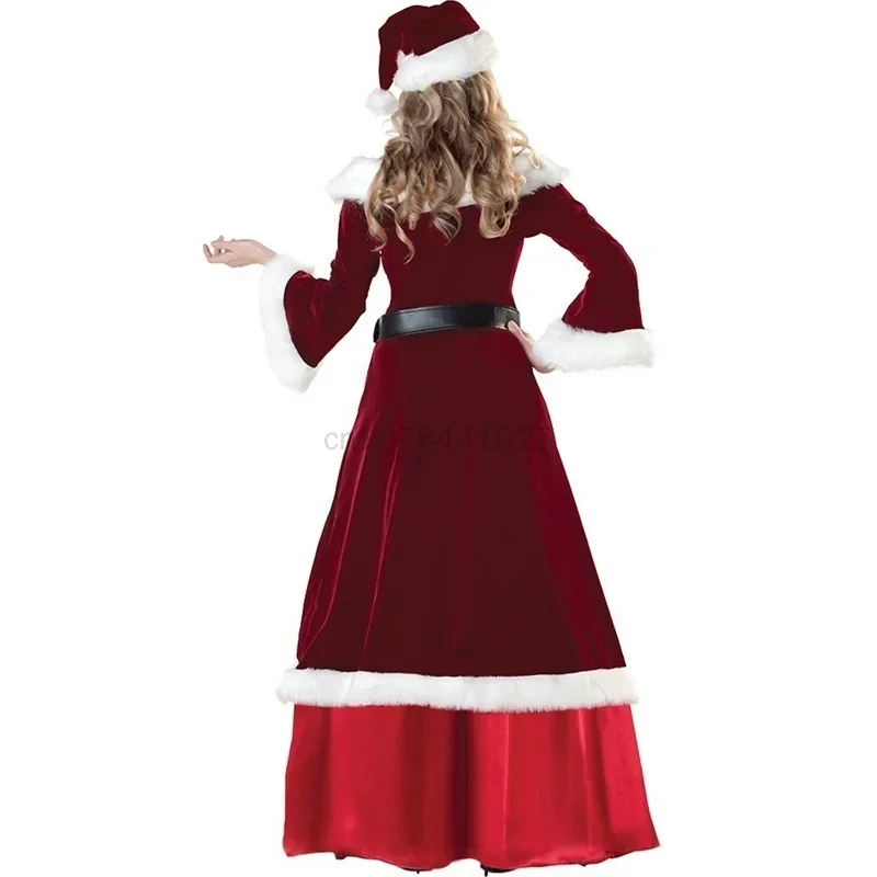 Trajes de cosplay de natal vermelho festa manga longa robe trajes de papai noel para mulheres adultas vestido de princesa de natal