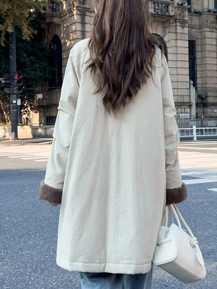 الشتاء منتصف طول الفراء طوق أسفل معطف المرأة تنوعا الدافئة الفاخرة فضفاضة تناسب المألوف مبطن خندق سترة سترة