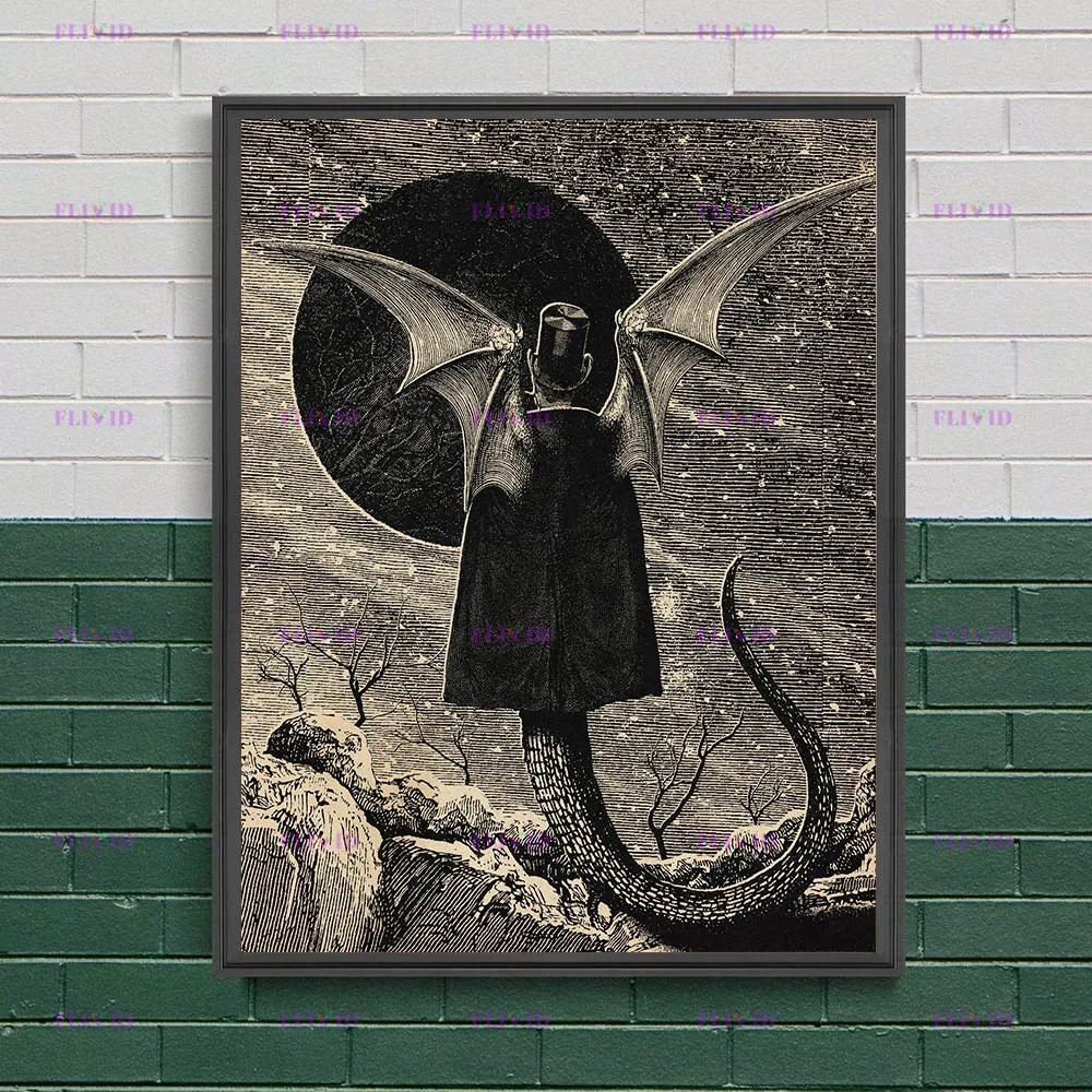 Winged Devil & Mermaid Vintage Surrealist Wall Art Canvas Painting,Skeleton Hand Man & Insect Hybrid Poster Print Decor Unframed