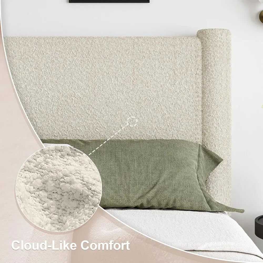 Cream King Size Upholstered Bed Frame with Rounded Corners, No Box Spring Needed, Easy Assembly, Headboard Included